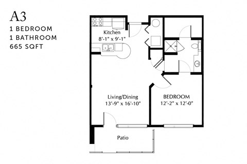 Floor plan for 1 bed, 1 bath, 694 sqft